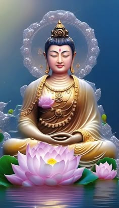 a buddha statue sitting on top of a body of water next to a pink flower