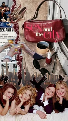 collage of women laying in bed with coffee and other things on the wall behind them