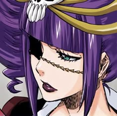 an anime character with purple hair and white skull on her head, looking at the camera