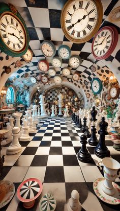 a room filled with lots of clocks and chess pieces