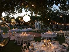 tables and chairs are set up for an outdoor event with lights strung from the trees