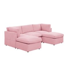 a pink sectional couch sitting on top of a white floor next to a footstool