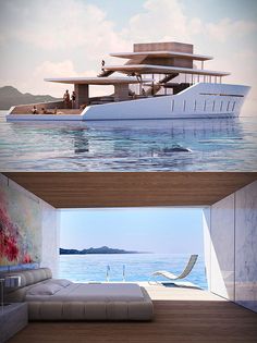 there are two pictures of a large boat in the water, and one has a bed on it