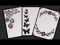 four cards with black and white designs on them