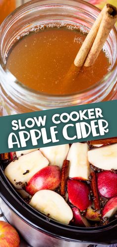 A top image of the top of a jar filled with apple cider and a cinnamon stick, and a bottom image of an overhead view into a crockpot filled with slices of apples, cinnamon sticks, cloves, and cider. Crockpot Apple Cider, Slow Cooker Apple Cider, Crockpot Foods, Slow Cooker Apple, Apple Cider Recipe, Homemade Apple Cider, Slow Cooker Apples, Thankful Thanksgiving, Cozy Drinks