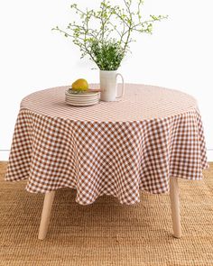 Round linen tablecloth in Cinnamon gingham - MagicLinen Brown Gingham, Gingham Tablecloth, Checkered Tablecloth, Casual Dinner, Linen Napkins, Round Tablecloth, Linen Tablecloth, Pure Linen, Formal Occasion