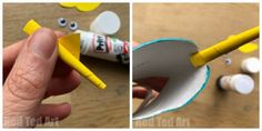 two pictures showing the inside of a paper tube with glue and eyeballs on it