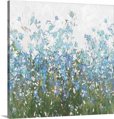 an abstract painting of blue flowers on a white background, with green grass in the foreground