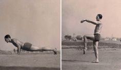 an old black and white photo of a man doing push ups in the sand, with his leg up