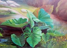 a painting of some green plants and rocks