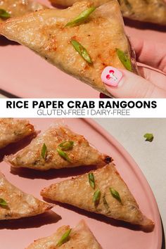 two pictures showing how to make rice paper crab rangoons