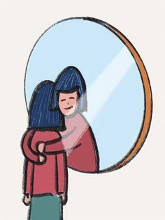 a drawing of a woman holding her head in front of a mirror with the reflection of herself