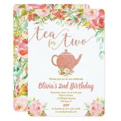 a tea party with pink roses and gold foil lettering on the front, along with a floral frame