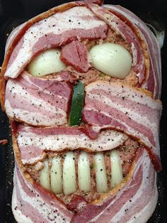 an image of bacon and potatoes in the shape of a man's face made out of meat