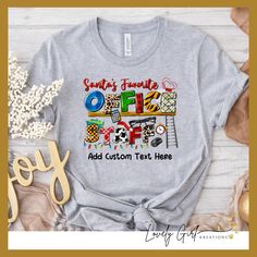 Remind the boss who is Santa's favorite with this festive Santa's Favorite Office Staff Christmas shirt.  You may add custom text if you'd like to personalize your shirt.  Shirts are all unisex sizing.  Please review size chart for best fit.     Shirts are made from 100% pre-shrunk cotton and are UNISEX sizes that run true to size.  Ladies, if you prefer a slimmer fit, consider going a size down.  Please see the measurement chart for your correct size.  Please be sure to check the measurement chart for an accurate fit.  Best practice is to take a shirt that fits you well in the length and chest and lay it flat on the bed and measure as shown in the photos above.  Once you have that measurement, compare to chart. Our processing time is 3-5 business days plus shipping.  Large orders may take Pirate Shirts, Office Staff, Iron Shirt, Office Christmas, Measurement Chart, The Boss, Office Gifts, Christmas Shirt, Christmas Shirts