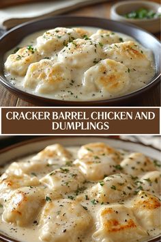 two pictures of chicken and dumplings with gravy in a skillet on the side