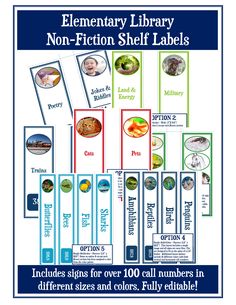 a poster with the words elementary library, non - fiction shelf labels and numbers in different sizes