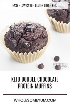 keto double chocolate protein muffins with text overlay