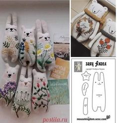 an assortment of stuffed animals with flowers on them and the instructions for how to sew them