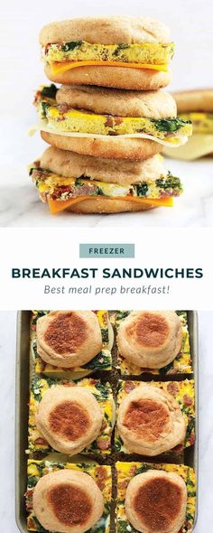 breakfast sandwiches are stacked on top of each other with the words, breakfast sandwiches best meal prep