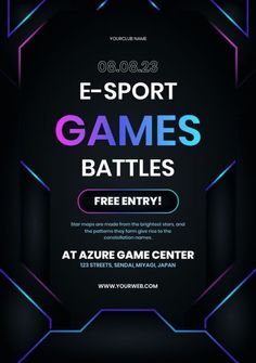 the e - sport games battle flyer is shown in purple and blue colors with neon lights