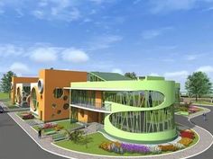 an artist's rendering of the exterior of a multi - story building with circular driveways and landscaping