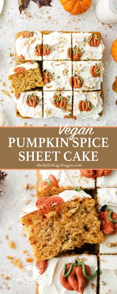 vegan pumpkin spice sheet cake with white frosting on top and sliced into squares