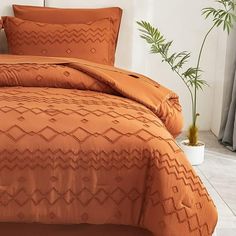 an orange comforter set on a bed in a room with curtains and potted plants