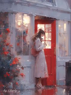 a painting of a woman standing in front of a red door looking at her cell phone