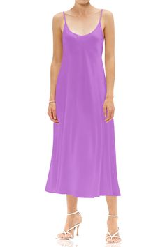 Model stats for sizing: Height: 5’ 8.5” Bust: 32” Waist: 23” Hips: 34” Model is wearing OS (One Size fits most) Fabric - Viscose Silk Blend Silk Violet Dress, African Violet, Midi Slip Dress, African Violets, Cami Dress, Slip Dress, Violet, Silk, Fabric