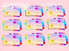 six open books with sticky notes attached to them on a pink background that says simply cute stationery l