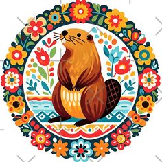 an otter with flowers and leaves on it's head, sitting in the center of a