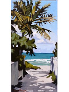 a painting of a path to the beach with palm trees and water in the background