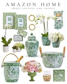 green and white home decor with flowers in vases, plates, napkins and other items