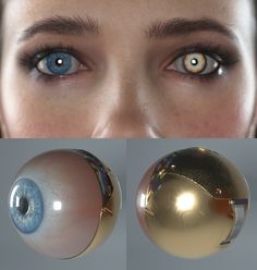 two different views of an eye, one with blue eyes and the other with gold