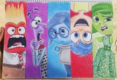 a pencil drawing of cartoon characters from inside out with colored pencils in their hands