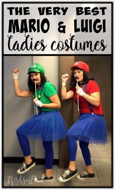 two girls dressed in mario and luigi costumes