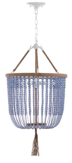 a chandelier with blue beads hanging from it's wooden frame and chain