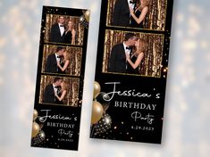 two black and gold photo booth cards for a birthday party with balloons, streamers and confetti