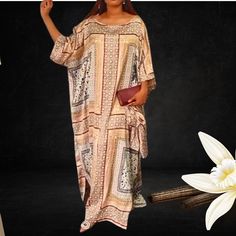 Make a statement as you appear at the scene looking classy in this elegant-looking Caramel Italian Silk African Kaftan Bubu Style. The rich and beautiful colours in this stunning silk fabric flow gracefully, making this maxi outfit a perfect and comfortable attire suitable for a day or evening occasion. Soft on the skin, this fashionable African Bubu outfit is an ideal vacation staple. This beautiful and lightweight boubou is made from a breathable and soft blend of Italian silk with a dash of African Satin giving it a shimmering effect. This outfit is versatile and therefore suitable for many occasions. The loose fitting makes it a great compliment for all body shapes and heights. Hangs loosely on the body with slits on both sides for comfortable manoeuvring. * Made of breathable fabric f Elegant Abaya For Summer Vacation, Bubu Outfit, African Kaftan, Boubou Styles, Plus Size Maxi Dress, Maxi Kaftan, Maxi Outfits, Small Scarf, Summer Plus Size