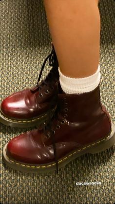 Red Docs Aesthetic, Fall Red Aesthetic Outfit, Burgundy Docs Outfit, Dark Red Doc Martens, Cherry Doc Martens Outfit, Red Docs Outfits, Red Dr Martens Outfit, Red Boots Aesthetic, Downtown Girl Shoes