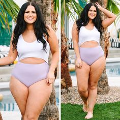 two photos of a woman in purple and white swimsuits posing for the camera