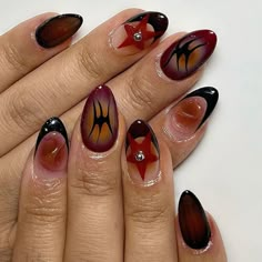 follow for more. #nails Jujitsu Kaisen Nail Art, Fall Grunge Nails, Fall Nail Art 2023, Radiohead Nails, Chainsaw Man Nails, Abstract Fall Nails, Medieval Nails, Whimsigoth Nails, Bayonetta Aesthetic