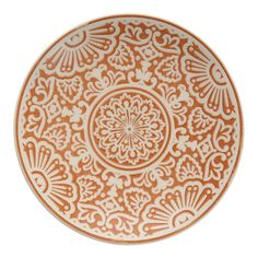 an orange and white plate on a white background