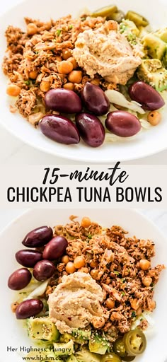 two plates with different types of food on them and the words 15 minute chickpea tuna bowls