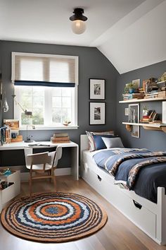 a bedroom with gray walls and wooden floors