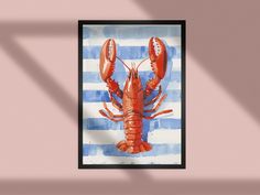 a watercolor painting of a lobster in blue and white stripes on a pink wall