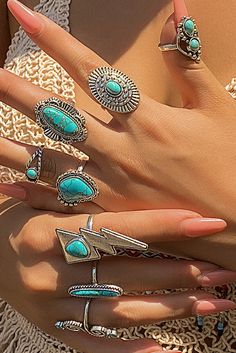 Discover the bold style of our Silvery 8pcs Turquoise Inlay Western Ring Set. Crafted with precision and attention to detail, each ring features a stunning turquoise inlay, adding a touch of color to your accessory collection. Made with quality materials, these rings are perfect for any occasion. Embrace the beauty of western design in each unique piece. Crafted from high-quality alloy for durability and elegance. Elevate your look with the charming turquoise decorative accents. Mix and match th Western Ring, Aesthetic Country, Western Rings, Rings Aesthetic, Inlay Jewelry, Western Design, Bold Style, Decorative Accents, Ring Collections