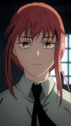 an anime character with red hair and orange eyes looking at the camera while wearing a black tie