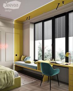 a bedroom with yellow and blue furniture in it